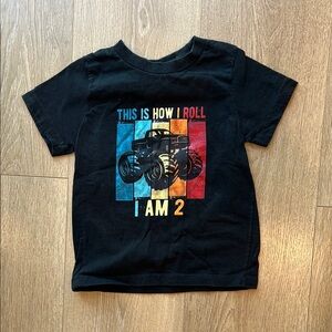 I Am 2! Black Graphic T-Shirt with Monster Truck Design
